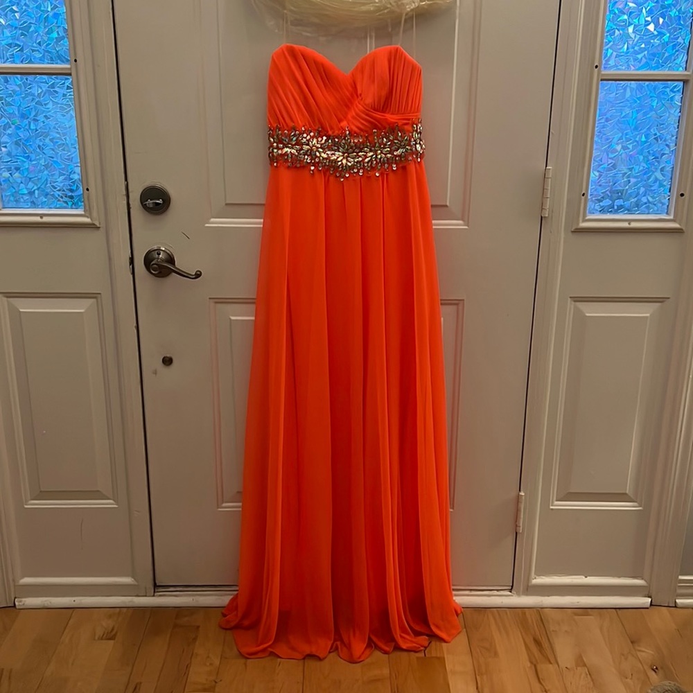 Beautiful coral pinkish orange rhinestone gown